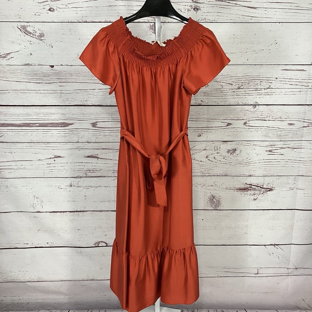 Tory Burch Silk Off Shoulder Midi‎ Dress Smocked Neck Belted Womens Size XL